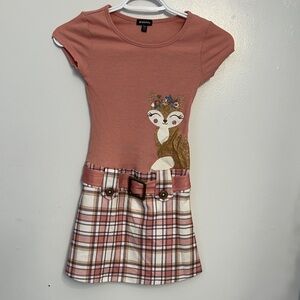 Zunie Coral and Plaid Kids Dress with Deer Design